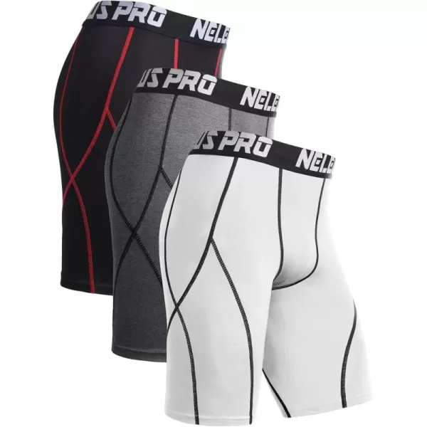 imageNELEUS Mens Compression Shorts Pack of 36012 GreyBlackred StripeWhite 3 Pack