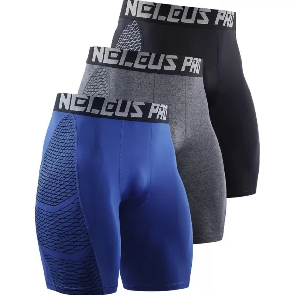 imageNELEUS Mens Compression Shorts Pack of 36086 BlackGreyBlue 3 Pack