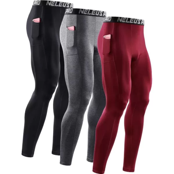 imageNELEUS Mens Dry Fit Compression Baselayer Pants Running Tights Leggings with Phone Pocket6069 BlackGreyRed 3 Pack