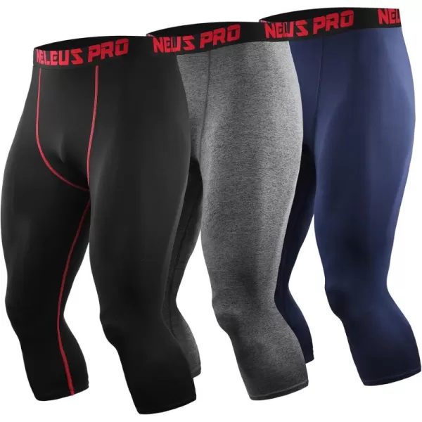 imageNELEUS Mens Dry Fit Compression Pants Workout Running LeggingsCapris Black Red StripeGreyNavy Blue 3 Pack