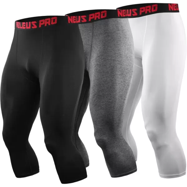 imageNELEUS Mens Dry Fit Compression Pants Workout Running LeggingsCapris BlackGreyWhite 3 Pack