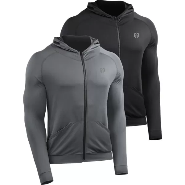 imageNELEUS Mens FullZip Athletic Jacket with Hoodies Workout Long Sleeve Fishing Hiking Performance Shirt5901 Pack of 2 Black grey