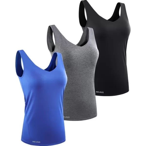 imageNELEUS Womens 3 Pack Compression Tank Top Support Yoga Bra with Cups Athletic Running Shirts8199 BlackGreyBlue