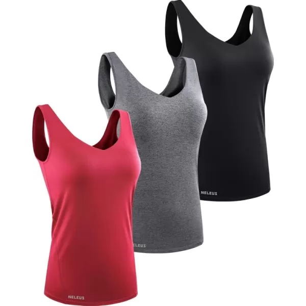 imageNELEUS Womens 3 Pack Compression Tank Top Support Yoga Bra with Cups Athletic Running Shirts8199 BlackGreyRed