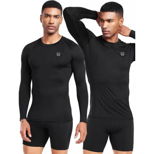 imageNELEUS 4 Pack Mens Workout Long Sleeve Shirts Compression Dry Fit Muscle Tops5009 Crew Neckblack black black black