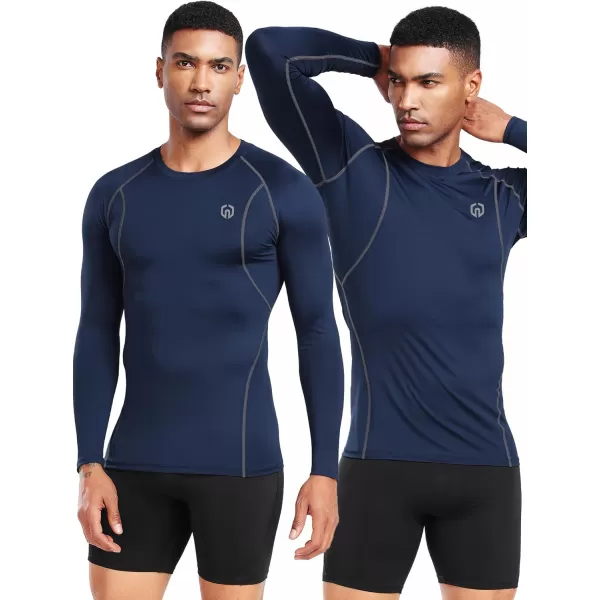 imageNELEUS 4 Pack Mens Workout Long Sleeve Shirts Compression Dry Fit Muscle Tops5009 Crew Neckblack black navy navy