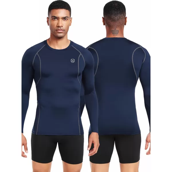 imageNELEUS 4 Pack Mens Workout Long Sleeve Shirts Compression Dry Fit Muscle Tops5009 Crew Neckblack black navy navy