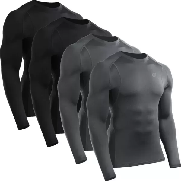 imageNELEUS 4 Pack Mens Workout Long Sleeve Shirts Compression Dry Fit Muscle Tops5009 Crew Neckblack black gery grey