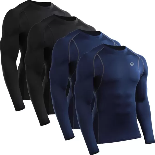 imageNELEUS 4 Pack Mens Workout Long Sleeve Shirts Compression Dry Fit Muscle Tops5009 Crew Neckblack black navy navy