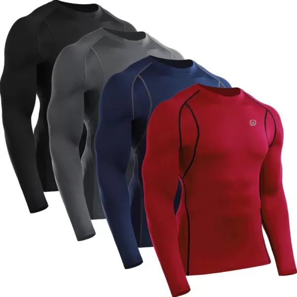 imageNELEUS 4 Pack Mens Workout Long Sleeve Shirts Compression Dry Fit Muscle Tops5009 Crew Neckblack grey navy red