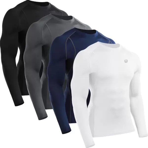 imageNELEUS 4 Pack Mens Workout Long Sleeve Shirts Compression Dry Fit Muscle Tops5009 Crew Neckblack grey navy white