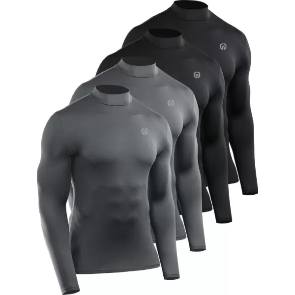 imageNELEUS 4 Pack Mens Workout Long Sleeve Shirts Compression Dry Fit Muscle Tops5024 Mock Neckblack black gery grey