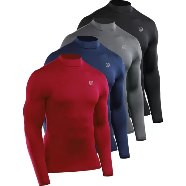 imageNELEUS 4 Pack Mens Workout Long Sleeve Shirts Compression Dry Fit Muscle Tops5024 Mock Neckblack grey navy red