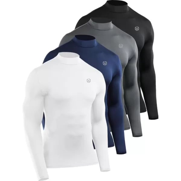 imageNELEUS 4 Pack Mens Workout Long Sleeve Shirts Compression Dry Fit Muscle Tops5024 Mock Neckblack grey navy white