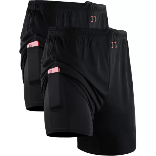 imageNELEUS Mens 2 in 1 Running Shorts with LinerDry Fit Workout Shorts with Pockets6070 BlackBlack 2 Pack