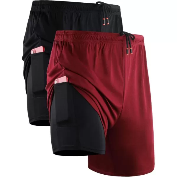 imageNELEUS Mens 2 in 1 Running Shorts with LinerDry Fit Workout Shorts with Pockets6070 BlackRed 2 Pack