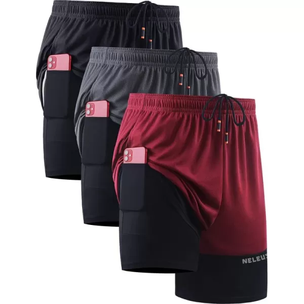 imageNELEUS Mens 2 in 1 Running Shorts with LinerDry Fit Workout Shorts with Pockets6094 BlackGreyRed 3 Pack