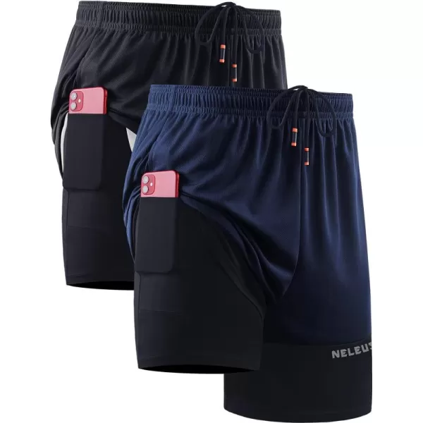 imageNELEUS Mens 2 in 1 Running Shorts with LinerDry Fit Workout Shorts with Pockets6094 BlackNavy Blue 2 Pack