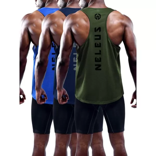imageNELEUS Mens 3 Pack Dry Fit YBack Muscle Tank Top5031 3 Pack Olive Green blue navy Blue