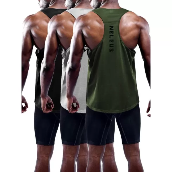 imageNELEUS Mens Workout Running Tank Top Sleeveless Gym Athletic Shirts5080 BlackGreyOlive Green 3 Pack