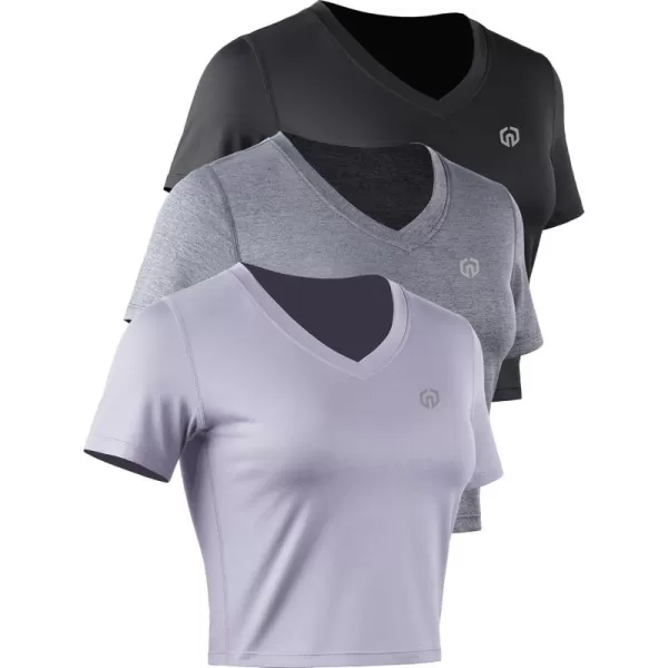 imageWomens 3 Pack Running Shirt Workout Athletic Crop ShirtsVneck BlackGreyLight Purple  3 Pack