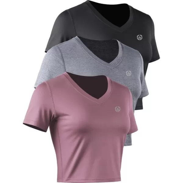 imageWomens 3 Pack Running Shirt Workout Athletic Crop ShirtsVneck BlackGreyRosy Brown  3 Pack