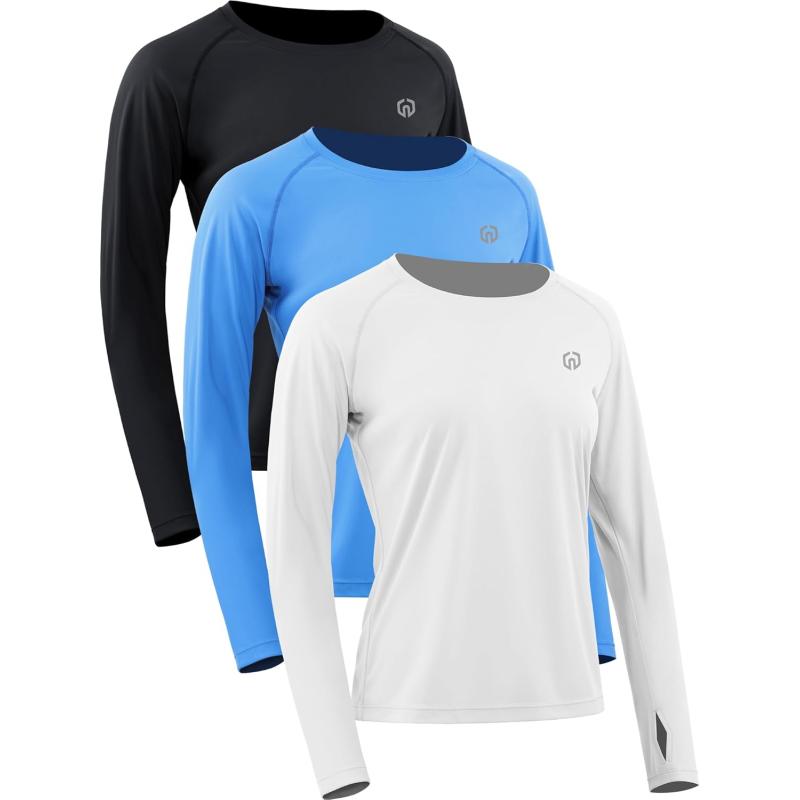 imageNELEUS Womens Athletic Workout Shirts Long Sleeve Running Yoga Tops8502 BlackBlueWhite 3 Pack