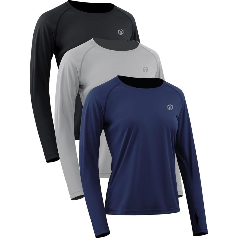 imageNELEUS Womens Athletic Workout Shirts Long Sleeve Running Yoga Tops8502 BlackGreyNavy Blue 3 Pack