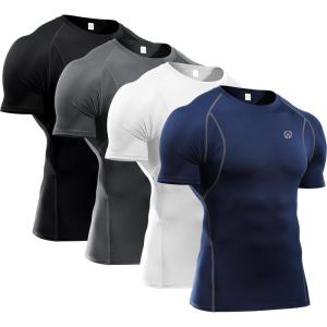 imageNELEUS Mens 3 Pack Athletic Compression Base Layer Workout Shirt173 Black grey navy Blue white 4 Pack