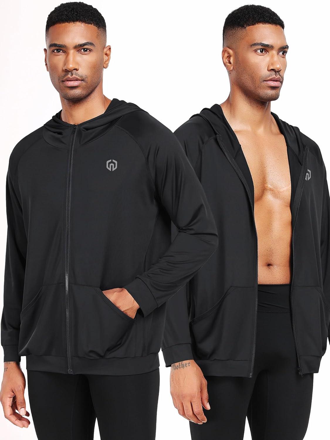 imageNELEUS Mens FullZip Athletic Jacket with Hoodies Workout Long Sleeve Fishing Hiking Performance Shirt901 Pack of 1 Black