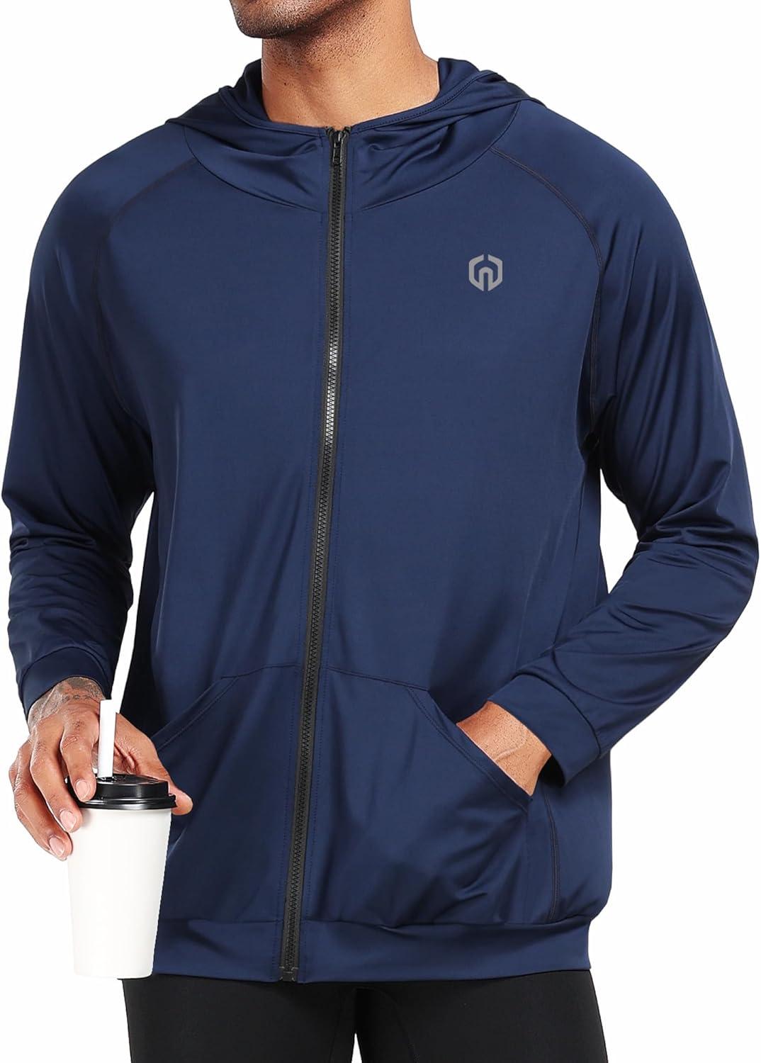 imageNELEUS Mens FullZip Athletic Jacket with Hoodies Workout Long Sleeve Fishing Hiking Performance Shirt901 Pack of 1 Navy Blue