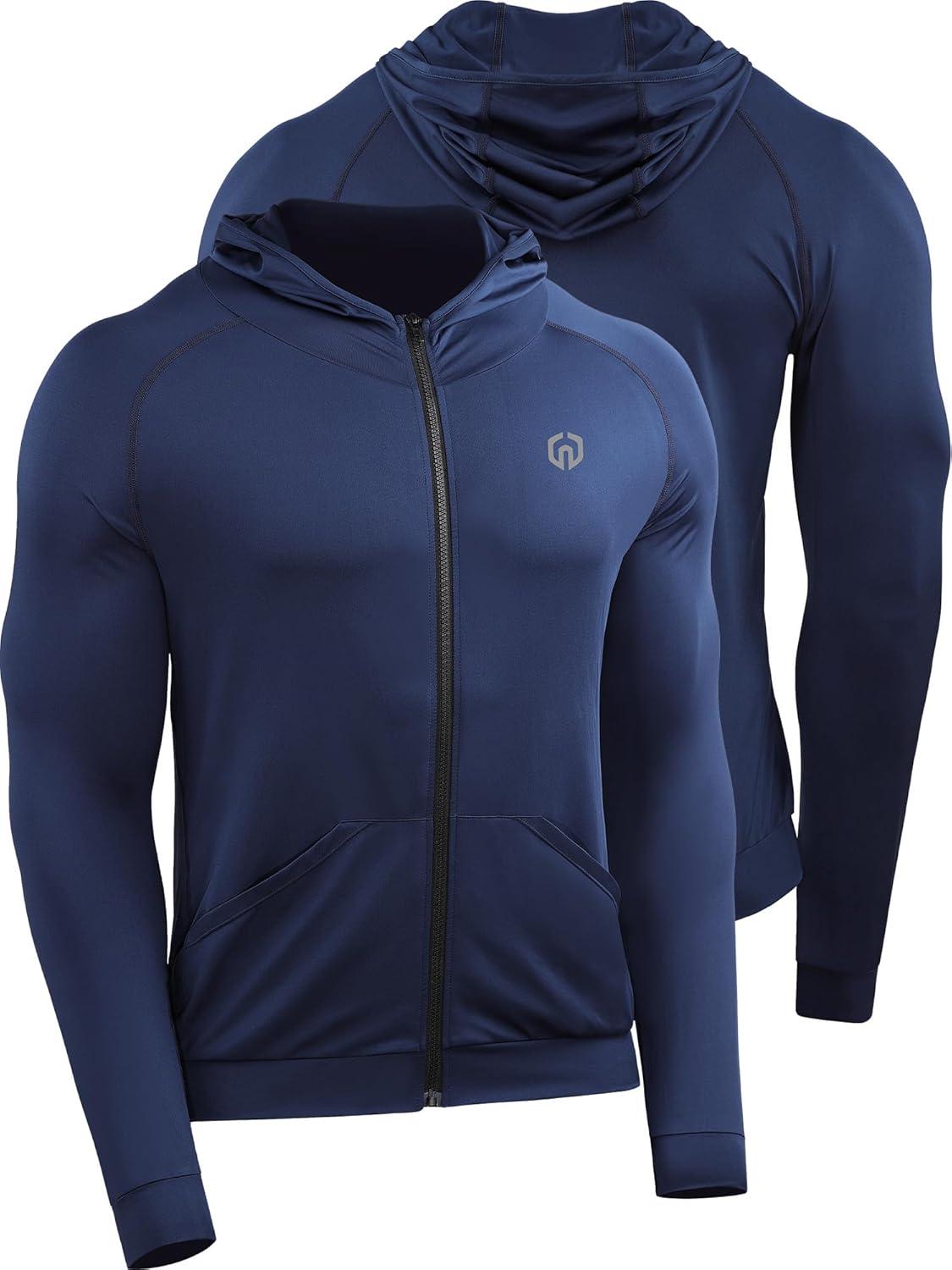 imageNELEUS Mens FullZip Athletic Jacket with Hoodies Workout Long Sleeve Fishing Hiking Performance Shirt901 Pack of 1 Navy Blue
