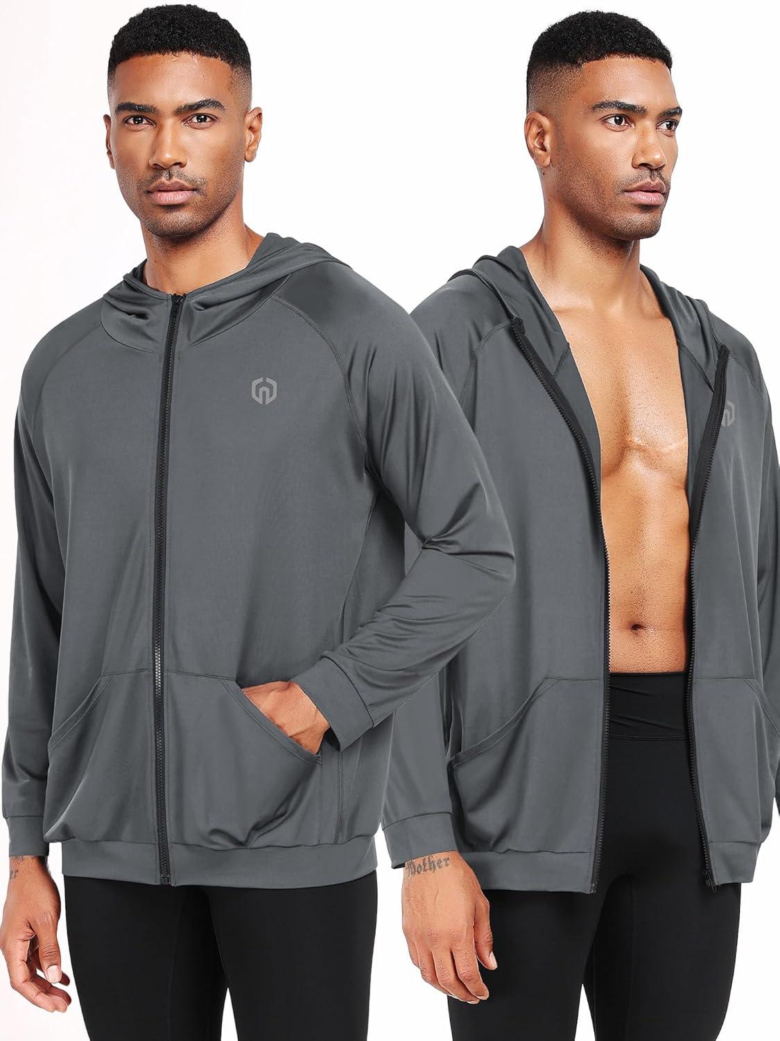 imageNELEUS Mens FullZip Athletic Jacket with Hoodies Workout Long Sleeve Fishing Hiking Performance Shirt901 Pack of 2 Black grey