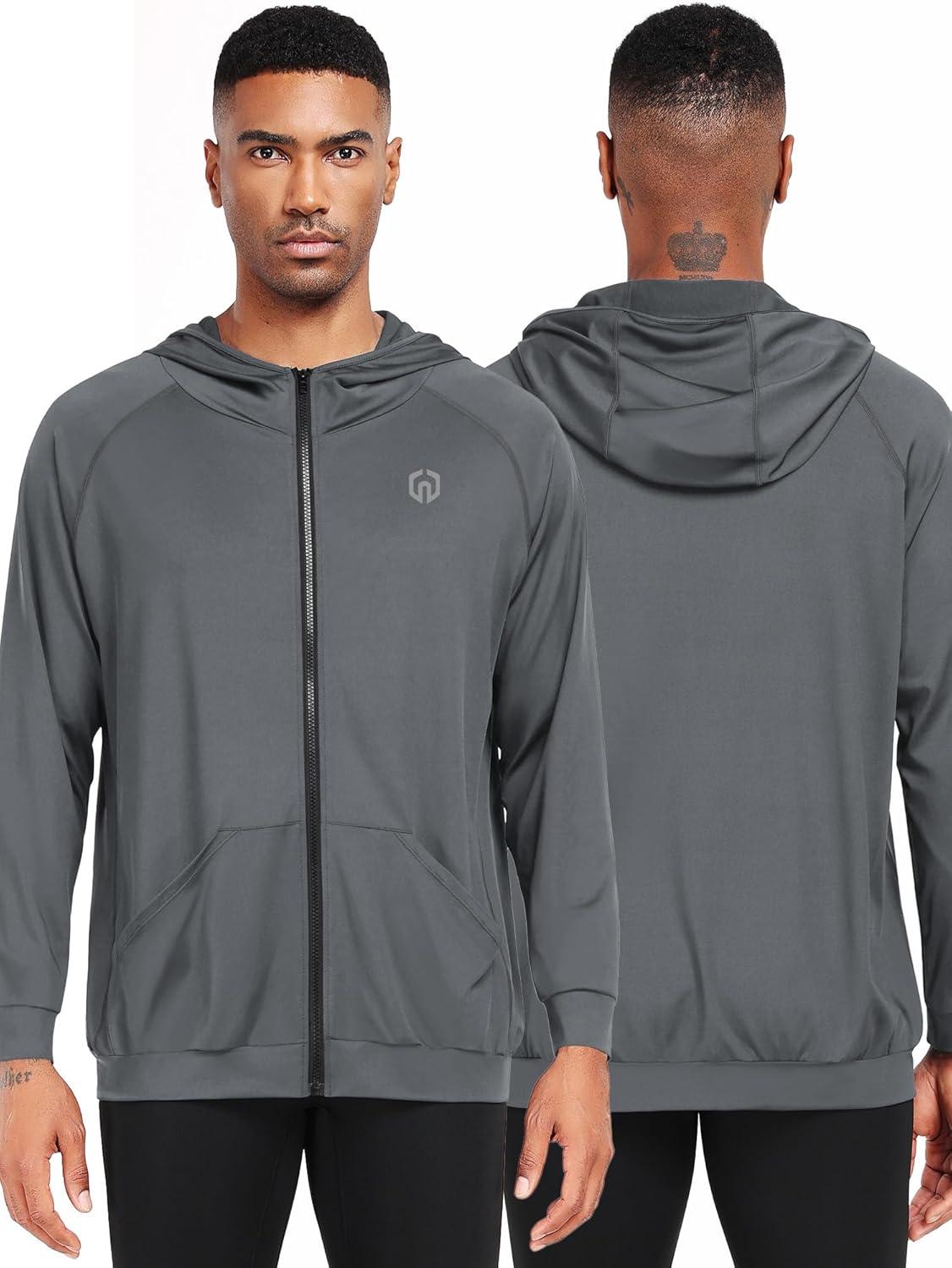imageNELEUS Mens FullZip Athletic Jacket with Hoodies Workout Long Sleeve Fishing Hiking Performance Shirt901 Pack of 2 Black grey