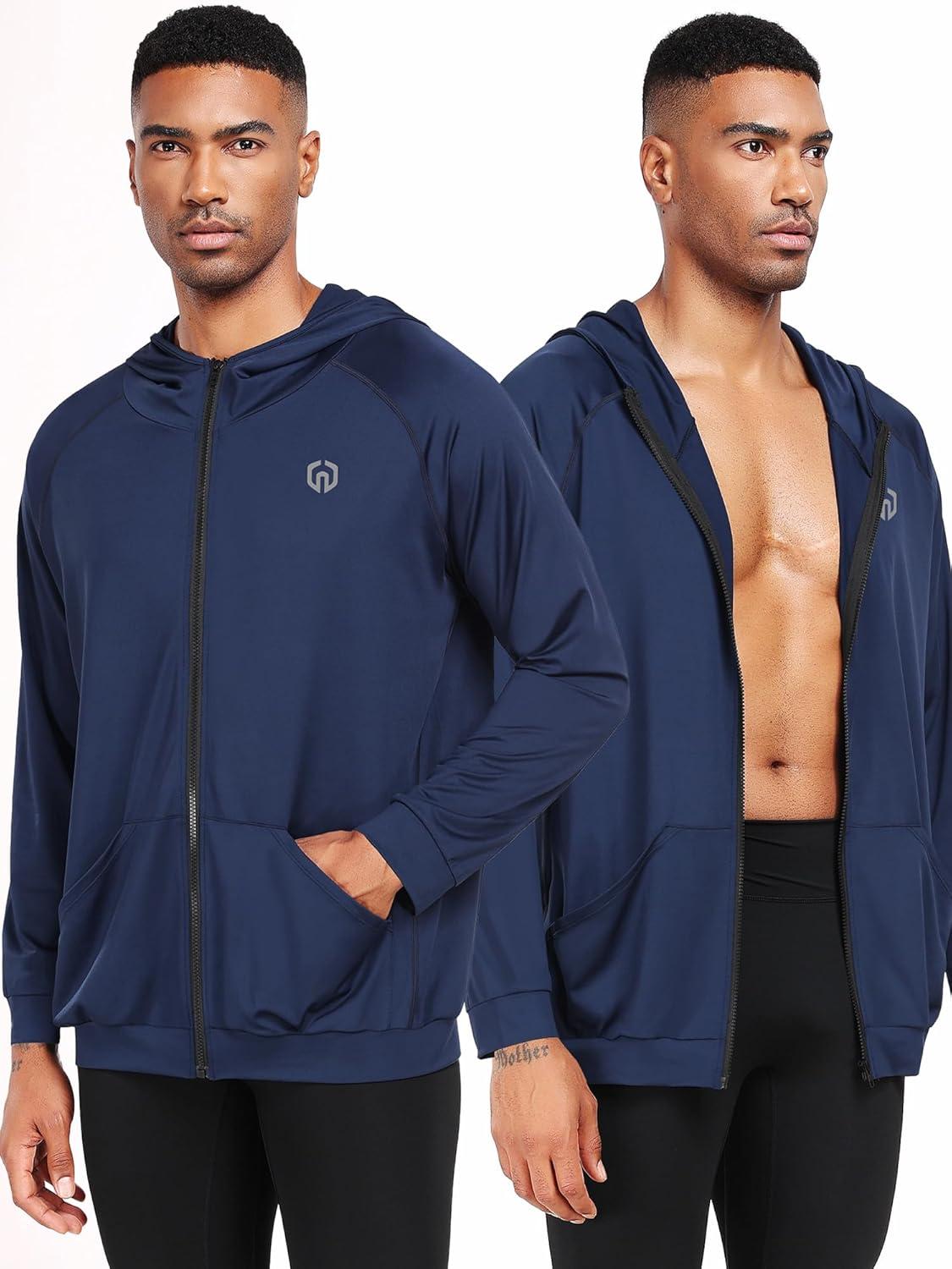 imageNELEUS Mens FullZip Athletic Jacket with Hoodies Workout Long Sleeve Fishing Hiking Performance Shirt901 Pack of 2 Black navy Blue