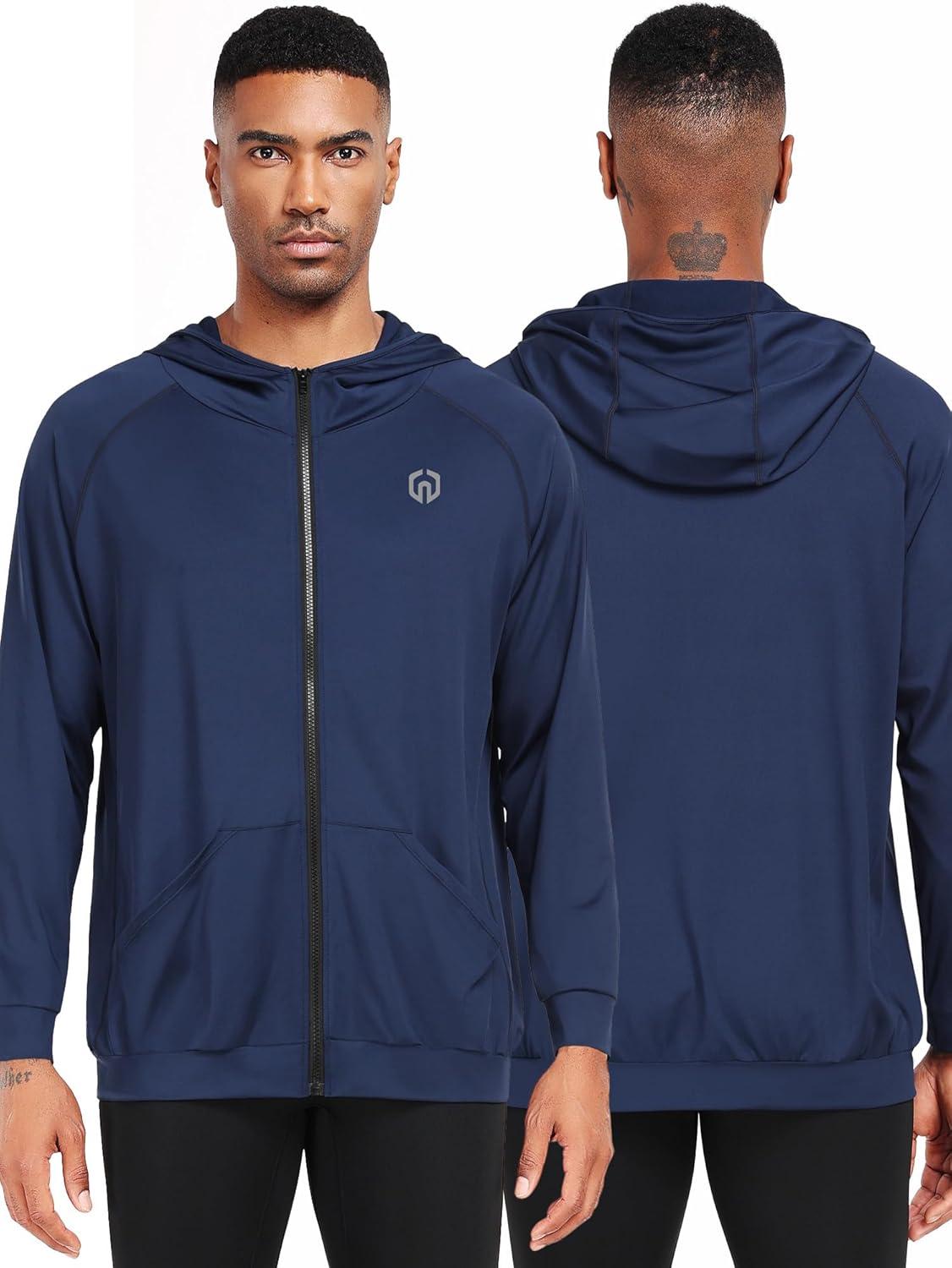 imageNELEUS Mens FullZip Athletic Jacket with Hoodies Workout Long Sleeve Fishing Hiking Performance Shirt901 Pack of 2 Black navy Blue
