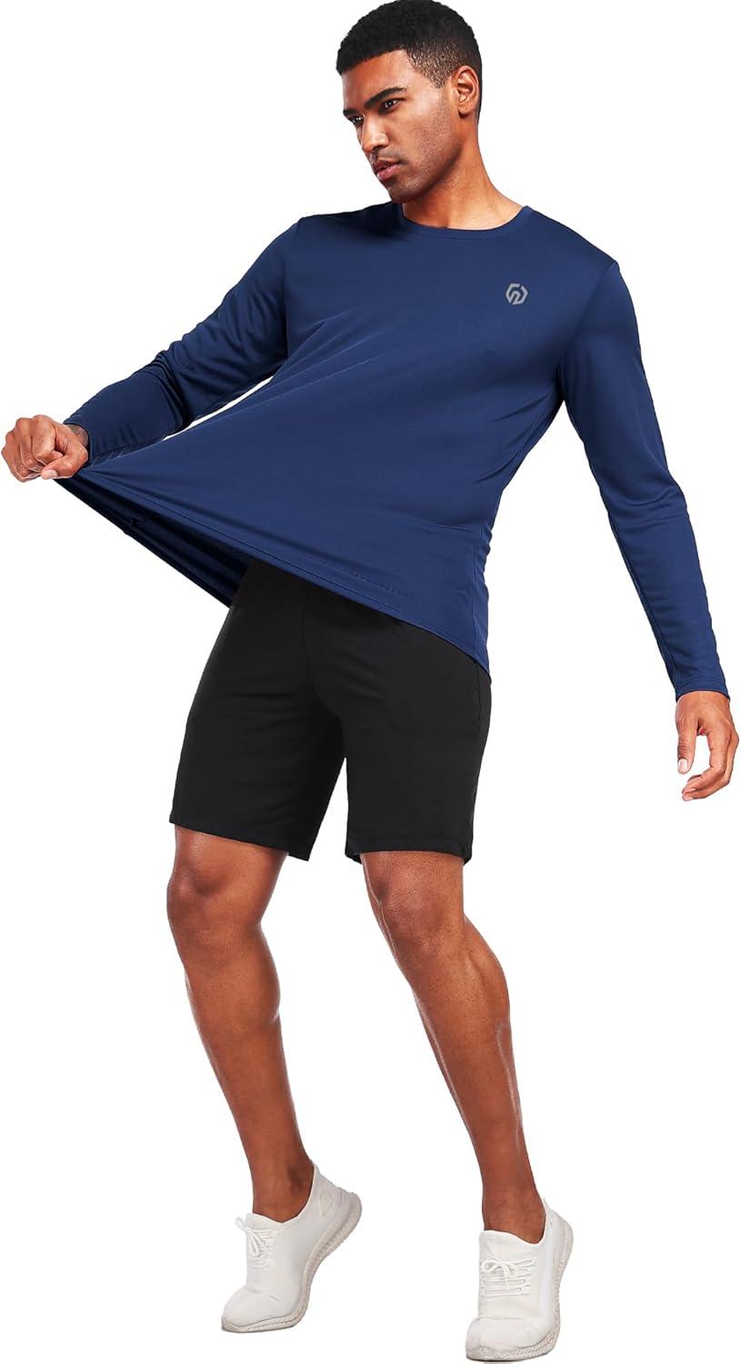 imageNELEUS Mens Workout Long Sleeve Running Shirts Mesh Fishing Hiking TShirtsHoodedCrewneck BlackNavy BlueGreen 3 Pack