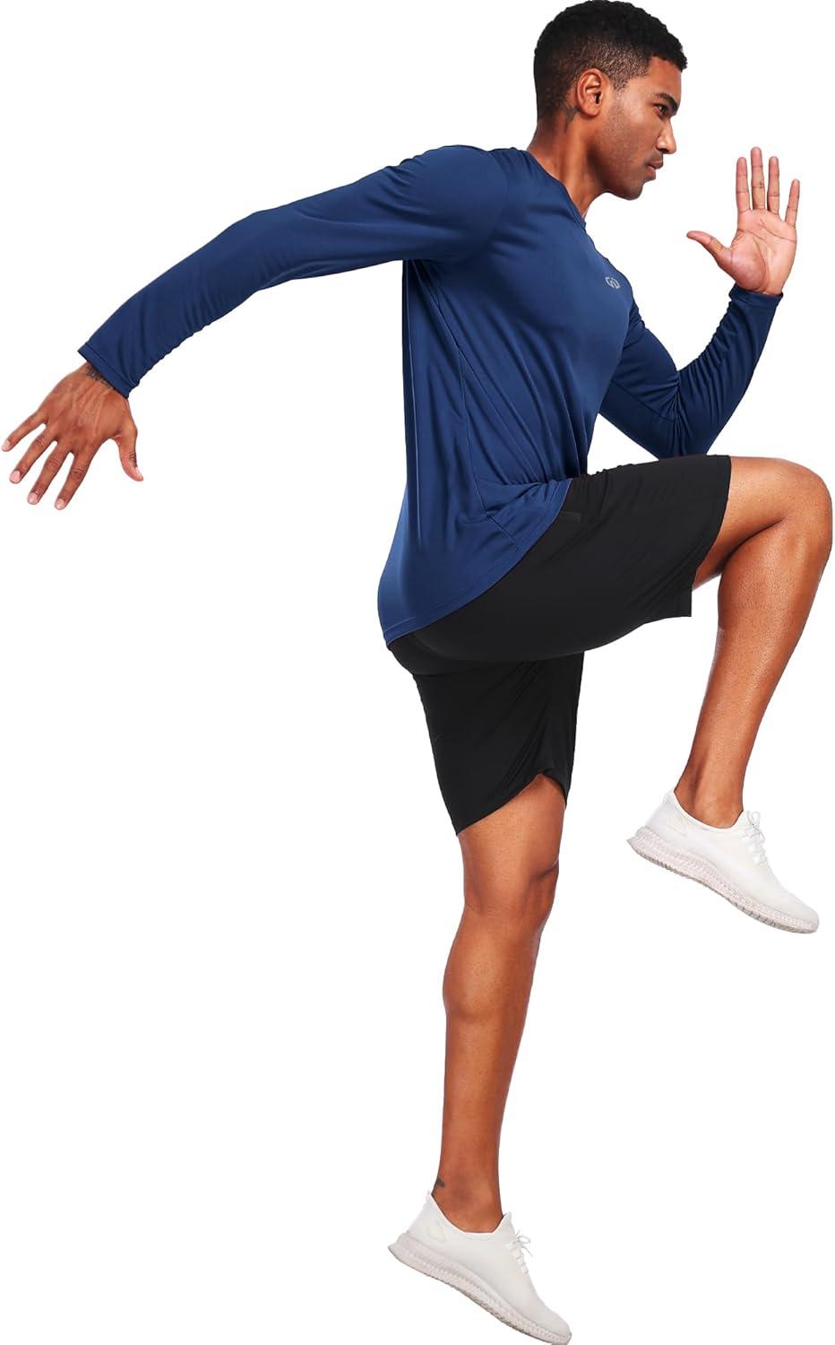 imageNELEUS Mens Workout Long Sleeve Running Shirts Mesh Fishing Hiking TShirtsHoodedCrewneck BlackNavy BlueGreen 3 Pack