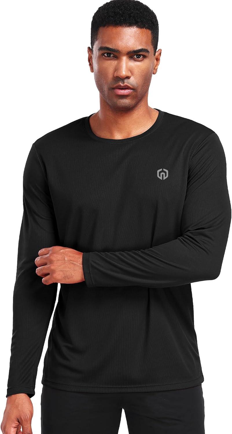 imageNELEUS Mens Workout Long Sleeve Running Shirts Mesh Fishing Hiking TShirtsHoodedCrewneck BlackNavy BlueGreen 3 Pack