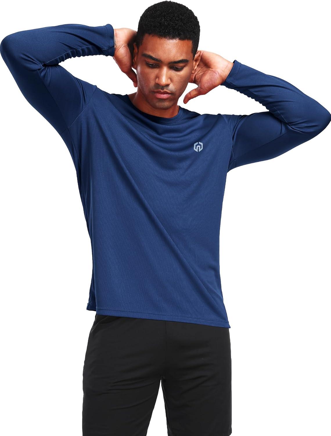 imageNELEUS Mens Workout Long Sleeve Running Shirts Mesh Fishing Hiking TShirtsHoodedCrewneck BlackNavy BlueRed 3 Pack