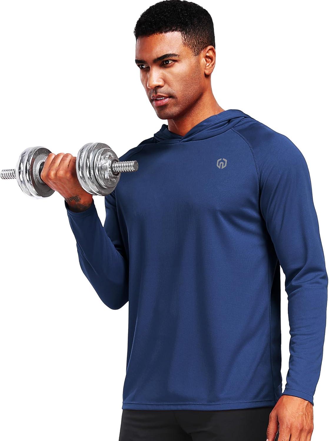 imageNELEUS Mens Workout Long Sleeve Running Shirts Mesh Fishing Hiking TShirtsHoodedHooded BlackNavy BlueGreen 3 Pack