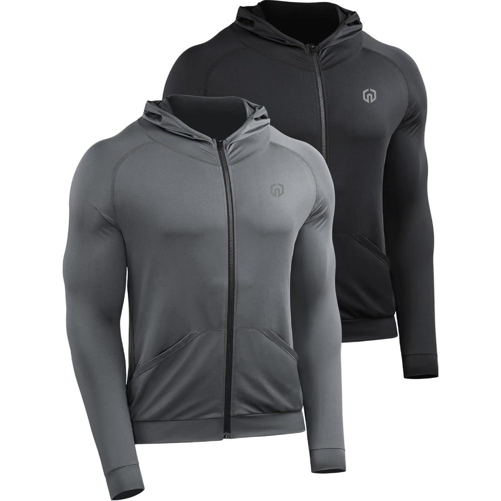 imageNELEUS Mens FullZip Athletic Jacket with Hoodies Workout Long Sleeve Fishing Hiking Performance Shirt901 Pack of 2 Black grey