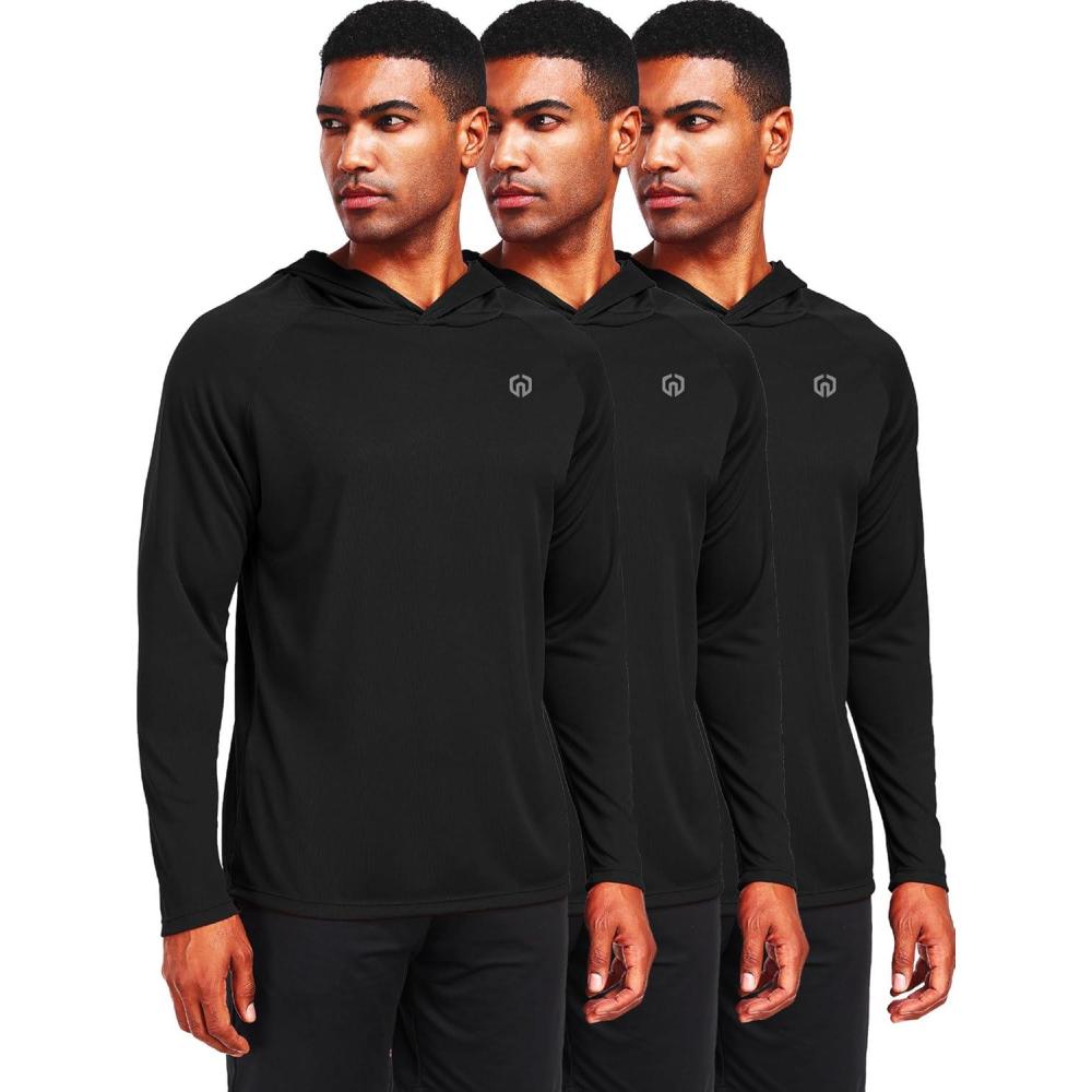 imageNELEUS Mens Workout Long Sleeve Running Shirts Mesh Fishing Hiking TShirtsHoodedHooded BlackBlackBlack 3 Pack
