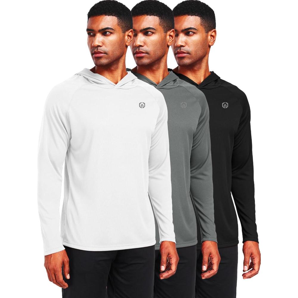 imageNELEUS Mens Workout Long Sleeve Running Shirts Mesh Fishing Hiking TShirtsHoodedHooded BlackGreyWhite 3 Pack