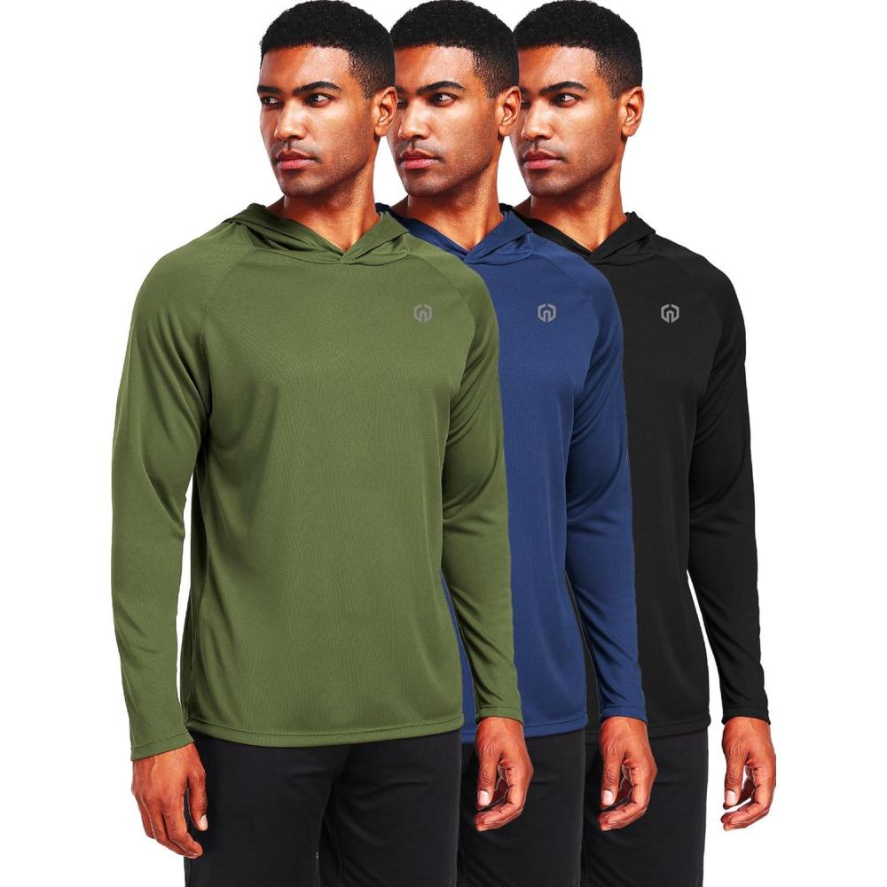 imageNELEUS Mens Workout Long Sleeve Running Shirts Mesh Fishing Hiking TShirtsHoodedHooded BlackNavy BlueGreen 3 Pack