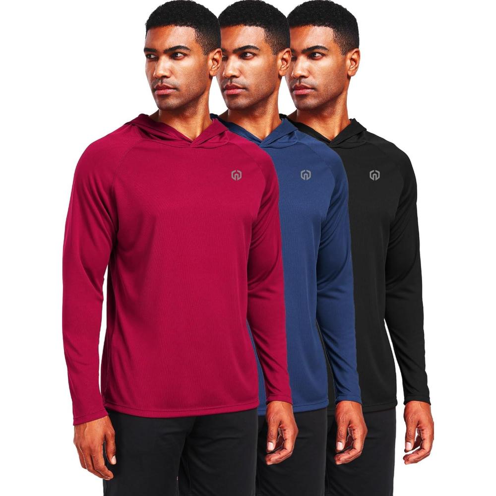 imageNELEUS Mens Workout Long Sleeve Running Shirts Mesh Fishing Hiking TShirtsHoodedHooded BlackNavy BlueRed 3 Pack