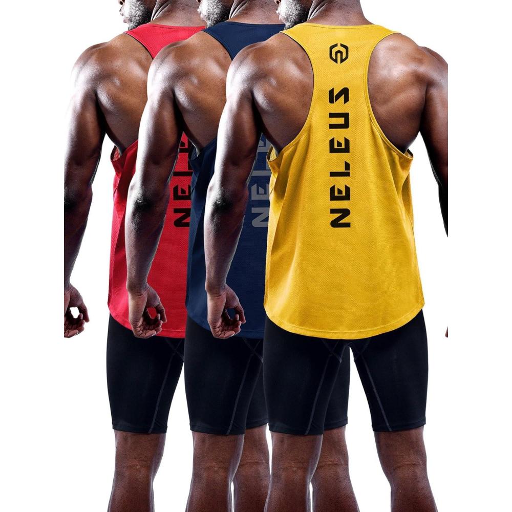 imageNELEUS Mens Workout Running Tank Top Sleeveless Gym Athletic Shirts5031 3 Pack Red yellow navy