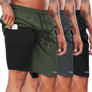 imageNELEUS 2 in 1 Men 9quot Dry Fit Athletic Bermuda Workout Shorts for Basketball Beach Casual6155 BlackGreyGreen 3 Pack