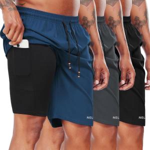imageNELEUS 2 in 1 Men 9quot Dry Fit Athletic Bermuda Workout Shorts for Basketball Beach Casual6155 BlackGreyNavy Blue 3 Pack