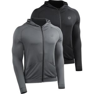 imageNELEUS Mens FullZip Athletic Jacket with Hoodies Workout Long Sleeve Fishing Hiking Performance Shirt901 Pack of 2 Black grey
